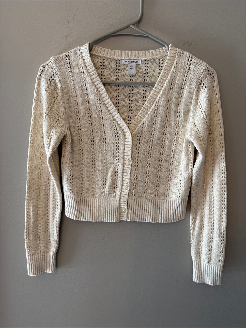 Nordstrom Cream Eyelet V-Neck Cropped Cardigan